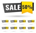 Sale tags set vector badges template, 10 off, 20 %, 90, 80, 30, 40, 50, 60, 70 percent sale label symbols, discount promotion flat Royalty Free Stock Photo